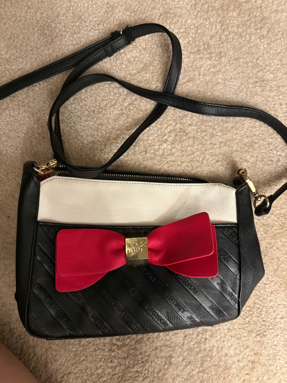 Betsy Johnson Black & White Crossbody Bag with Red Bow Accent